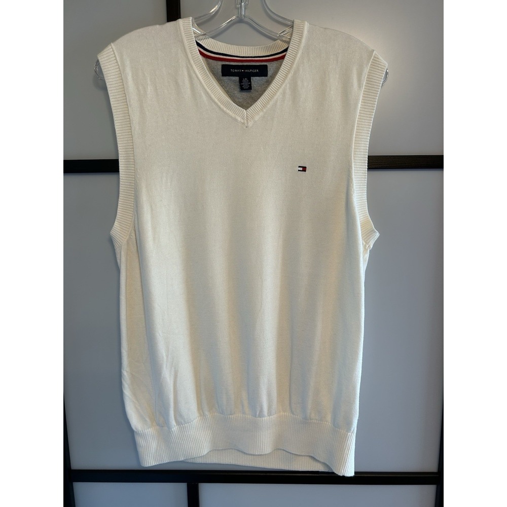 Tommy Hilfiger‎ Sweater Vest Mens Large Cream Color Cotton Blend